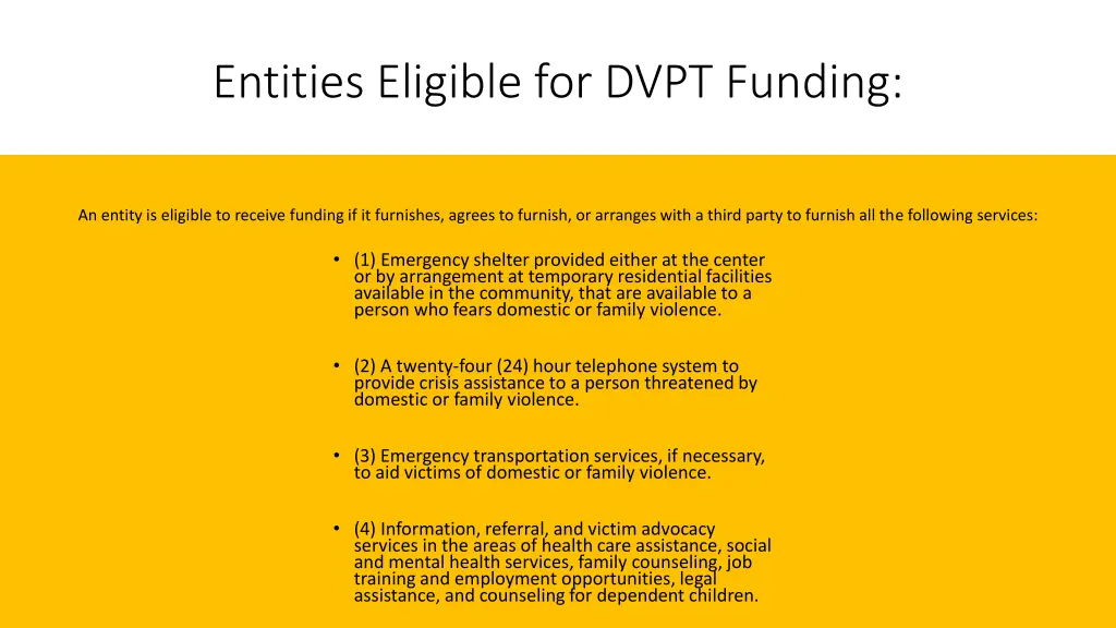entities eligible for dvpt funding