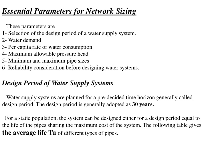 essential parameters for network sizing