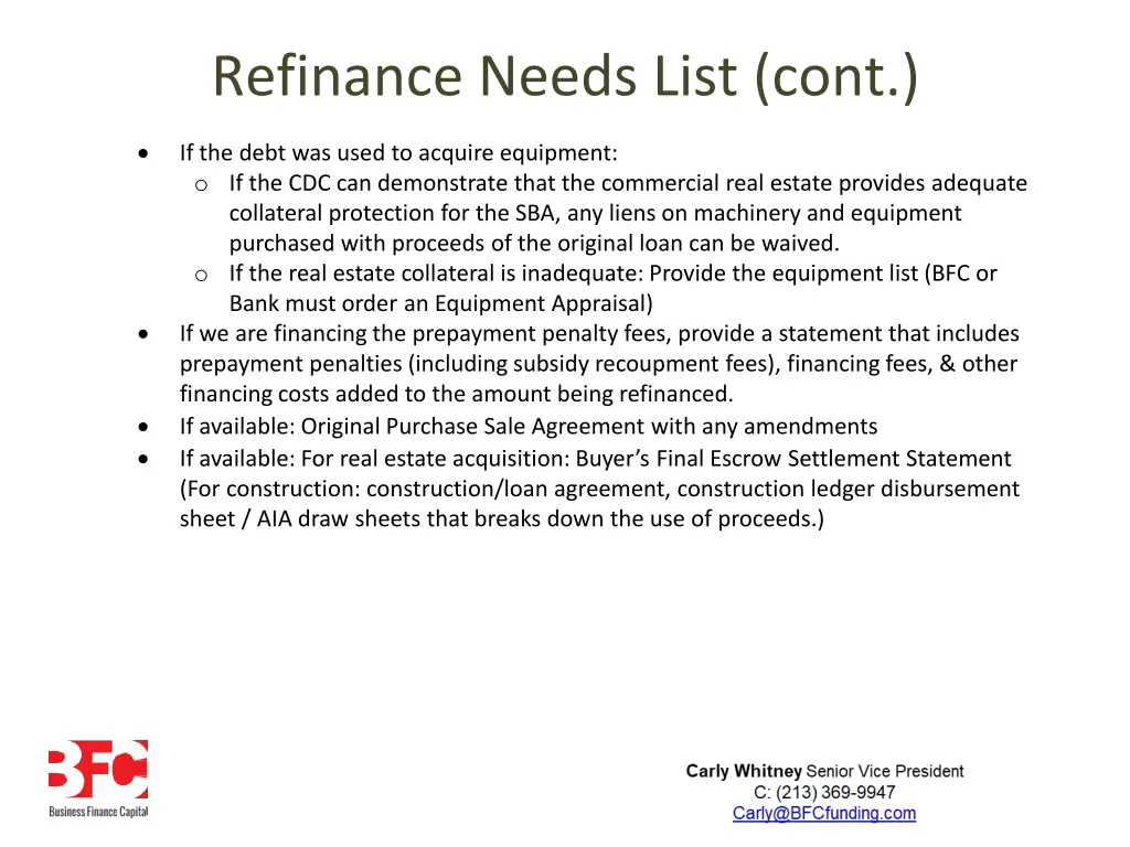 refinance needs list cont 1