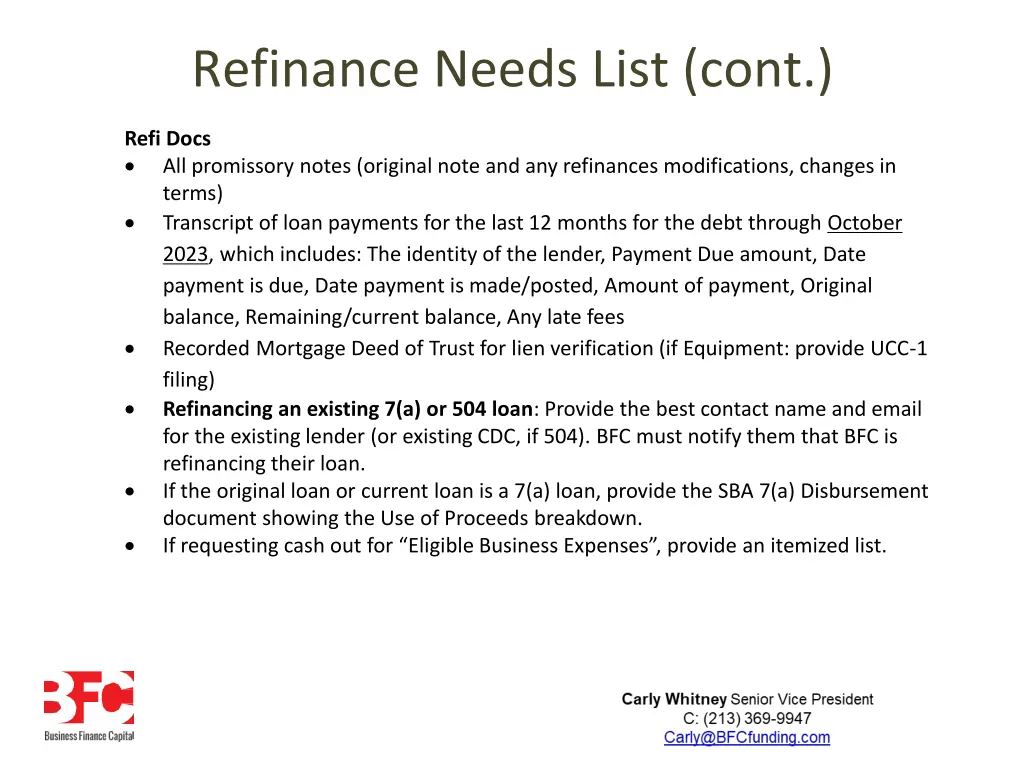 refinance needs list cont