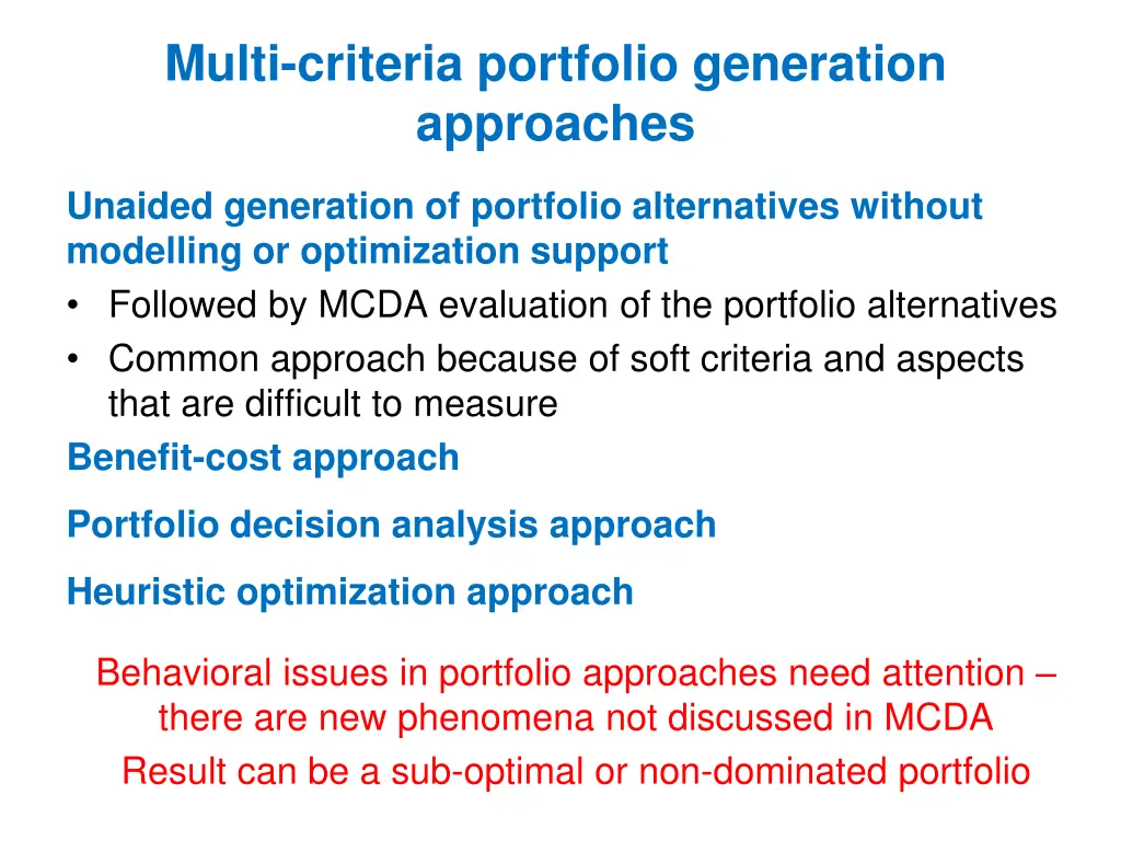 multi criteria portfolio generation approaches