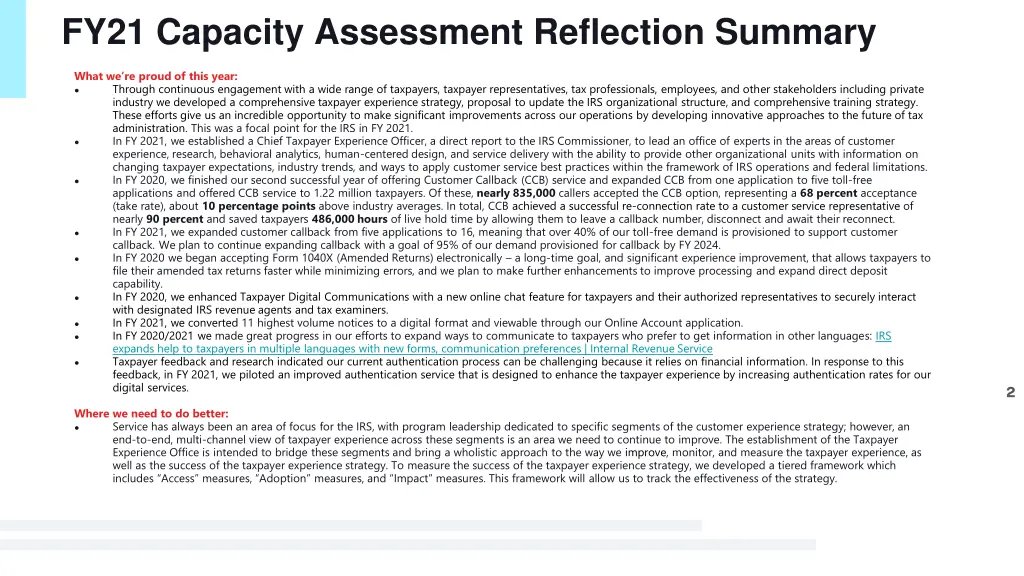 fy21 capacity assessment reflection summary
