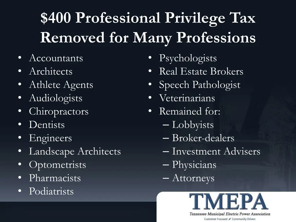 400 professional privilege tax removed for many