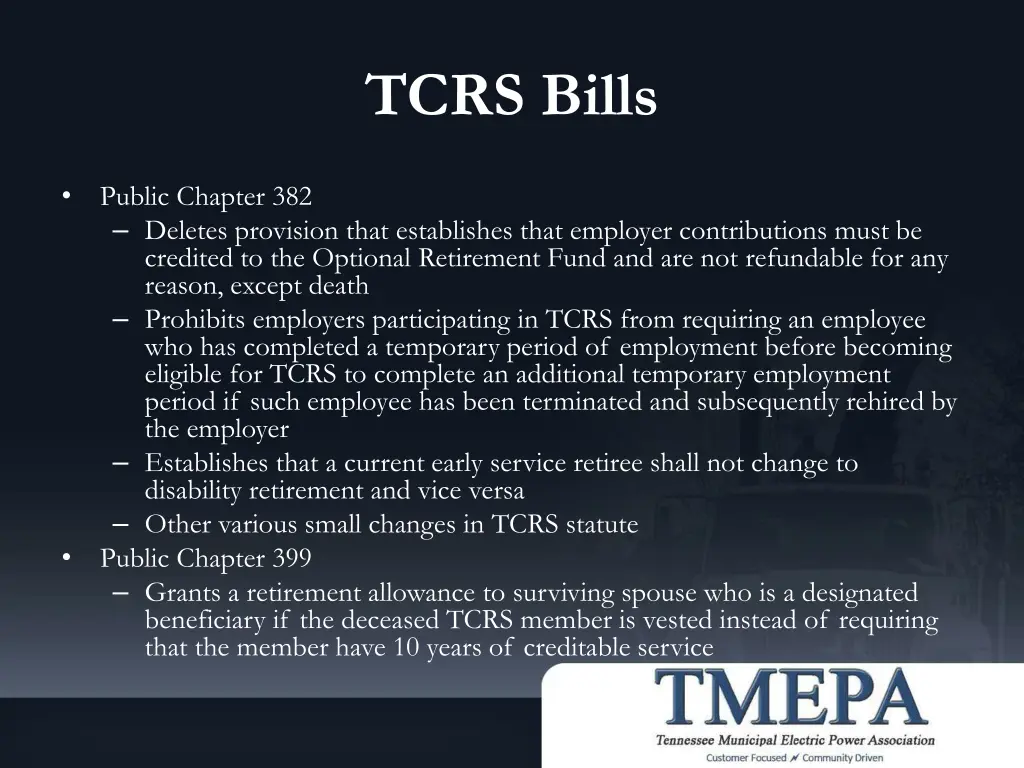 tcrs bills