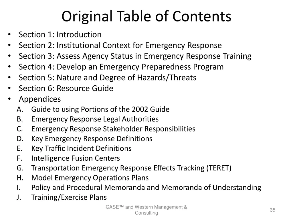original table of contents section 1 introduction