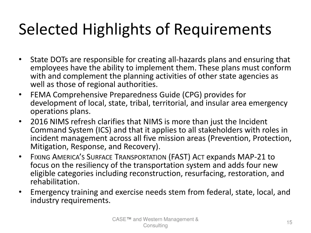 selected highlights of requirements