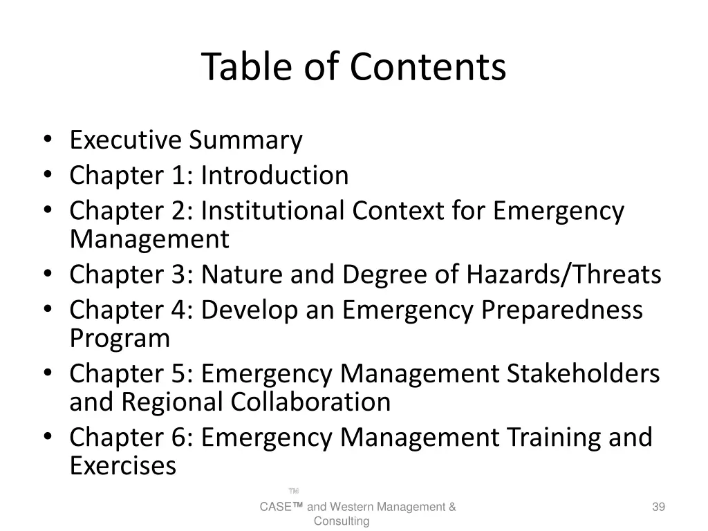 table of contents