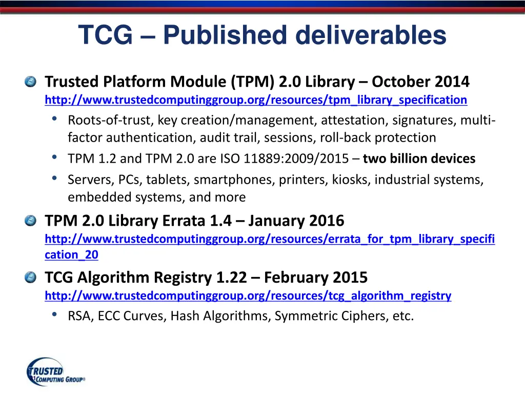 tcg published deliverables