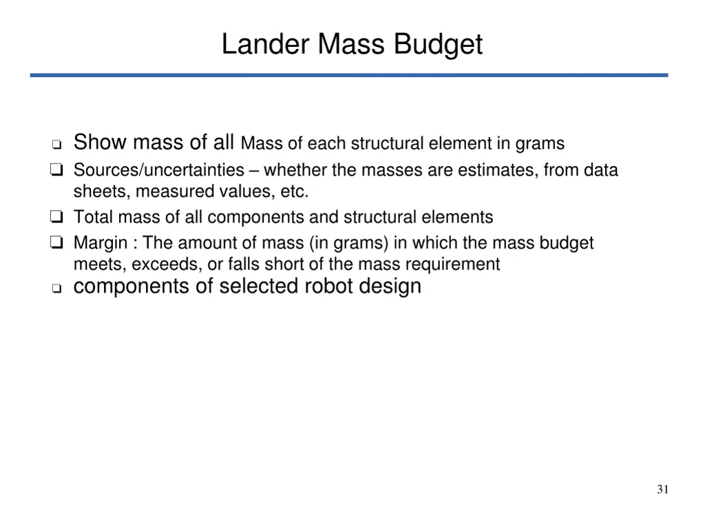 lander mass budget