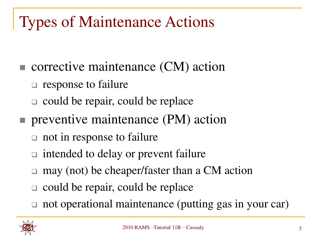 types of maintenance actions