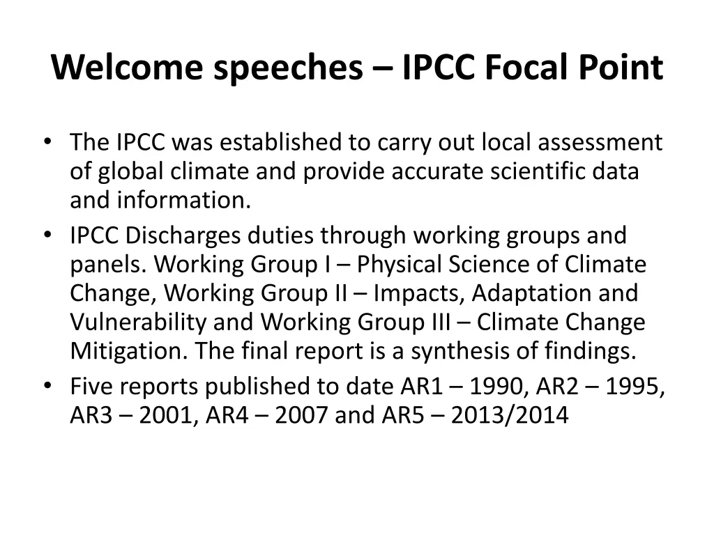 welcome speeches ipcc focal point