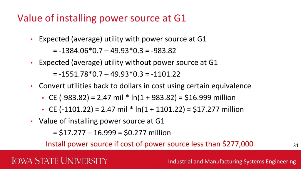value of installing power source at g1 1