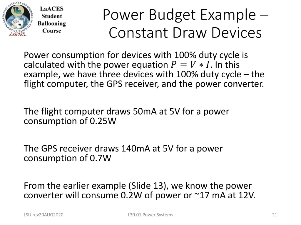 power budget example constant draw devices