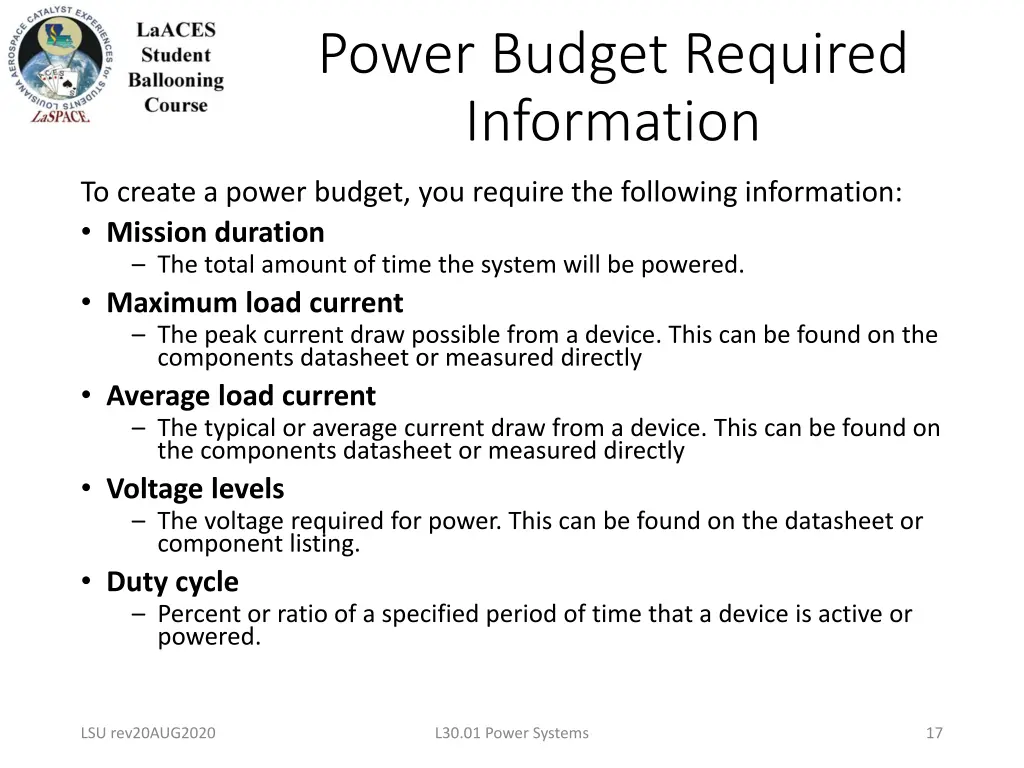 power budget required information