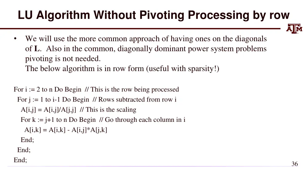 lu algorithm without pivoting processing by row