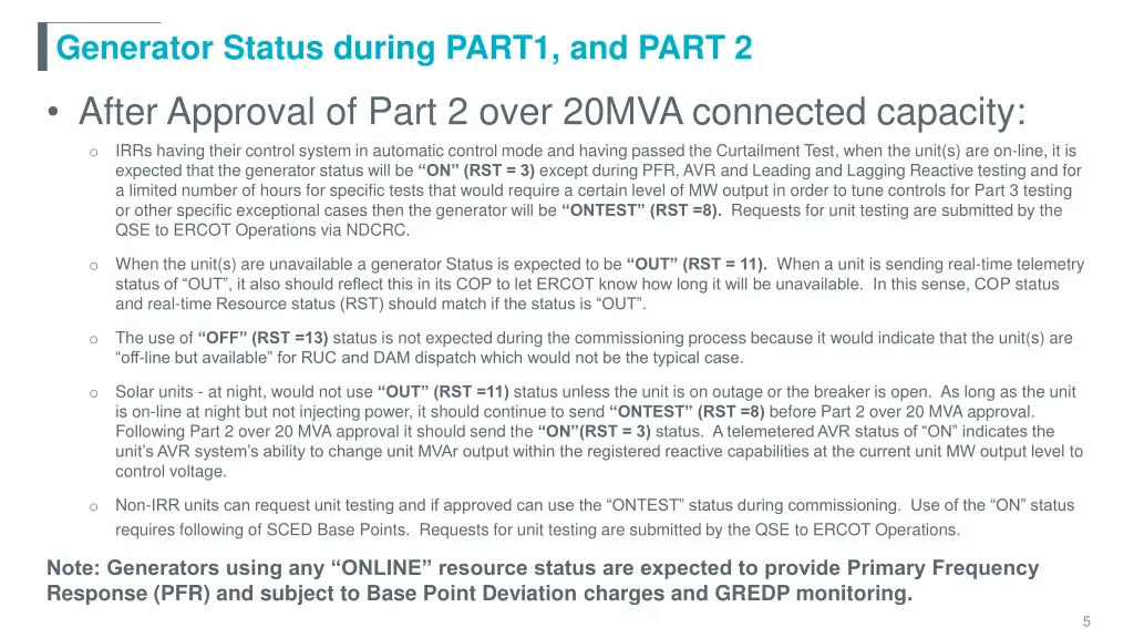 generator status during part1 and part 2 1