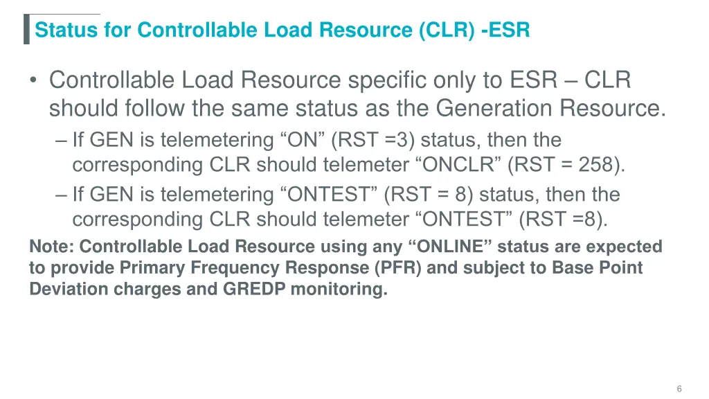 status for controllable load resource clr esr