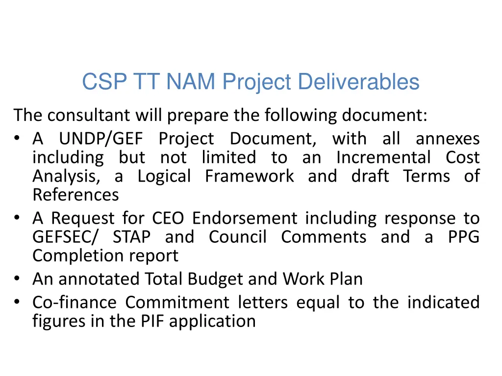 csp tt nam project deliverables