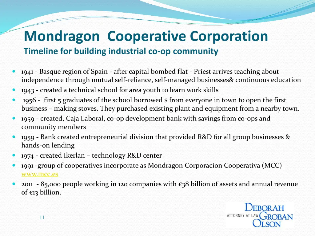 mondragon cooperative corporation timeline