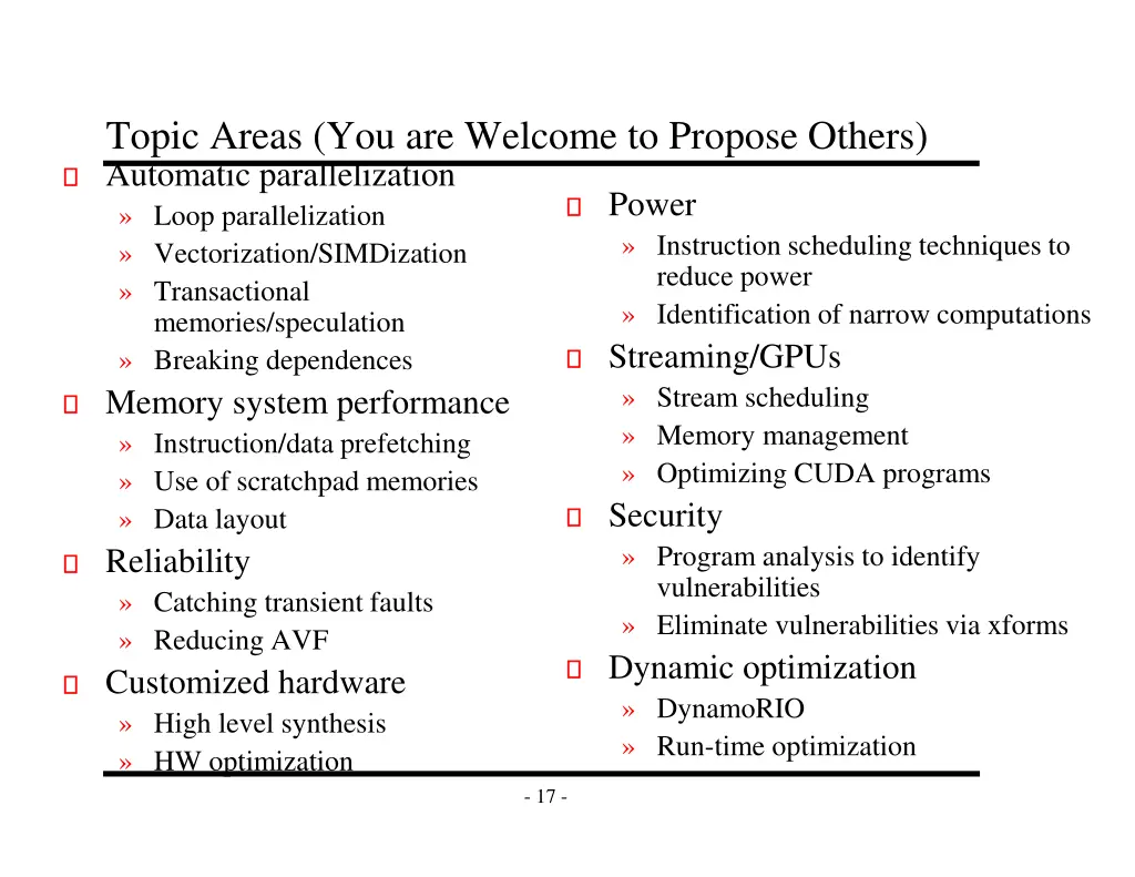 topic areas you are welcome to propose others