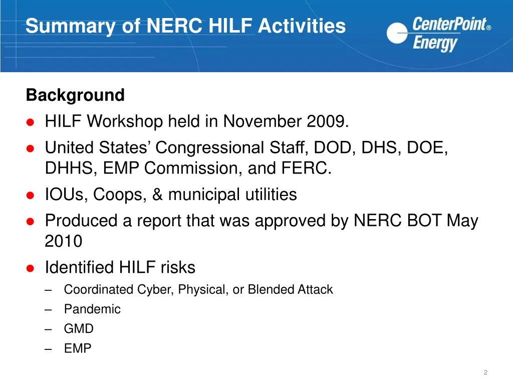 summary of nerc hilf activities 1