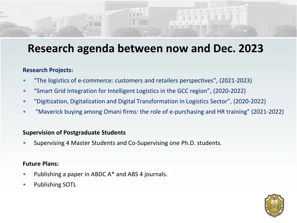 research agenda between now and dec 2023