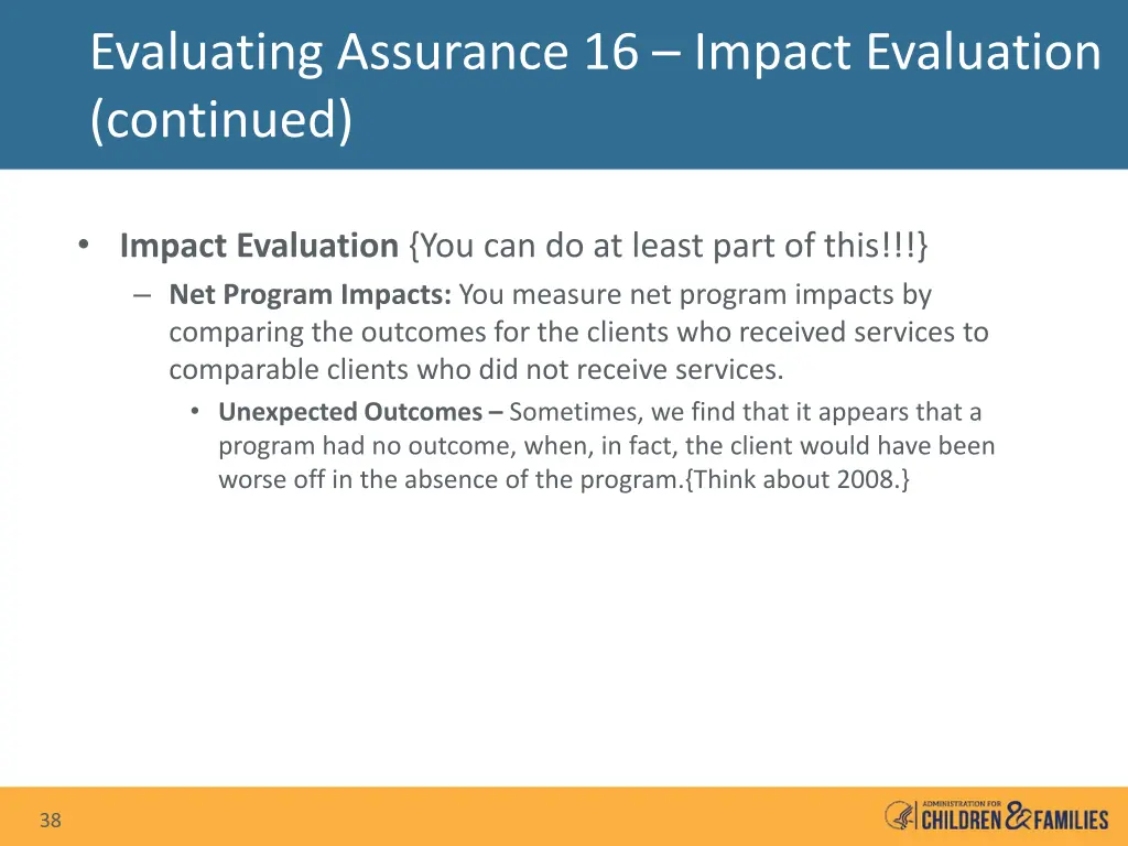 evaluating assurance 16 impact evaluation 7