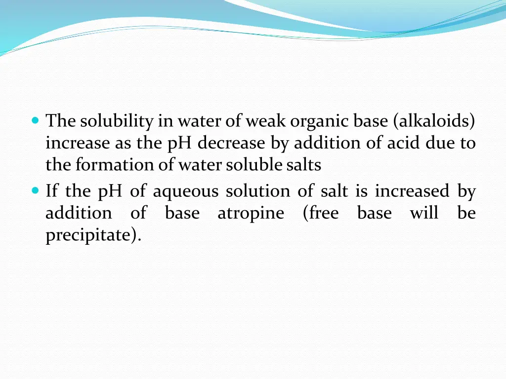 the solubility in water of weak organic base