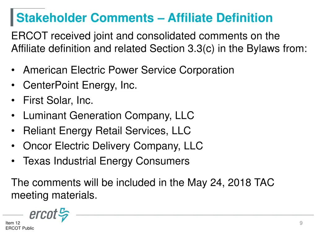 stakeholder comments affiliate definition ercot