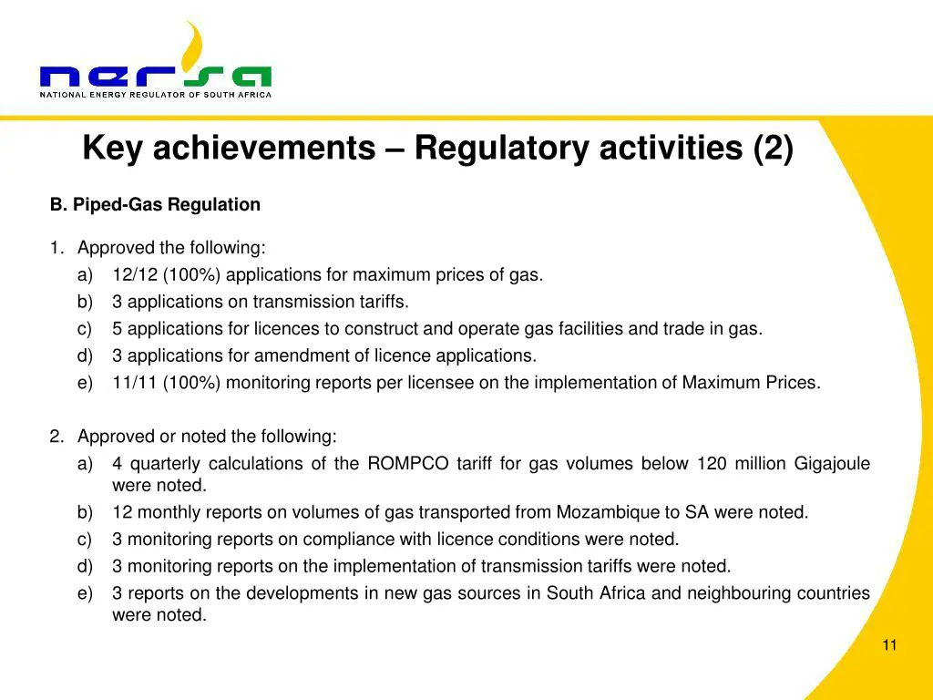 key achievements regulatory activities 2
