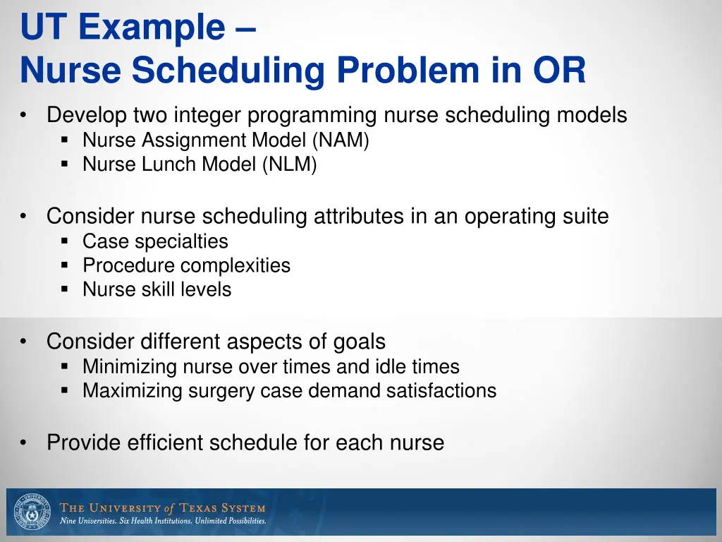ut example nurse scheduling problem in or develop