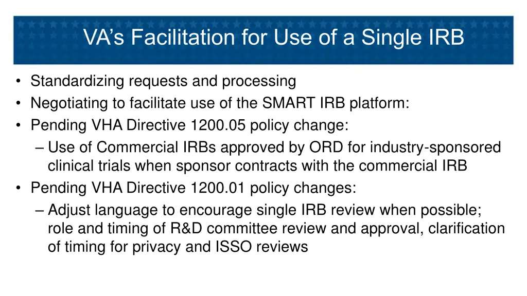 va s facilitation for use of a single irb
