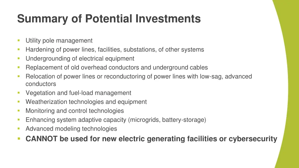 summary of potential investments