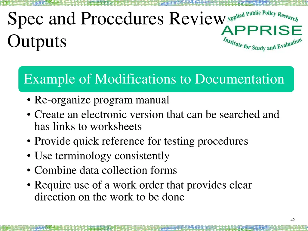 spec and procedures review outputs