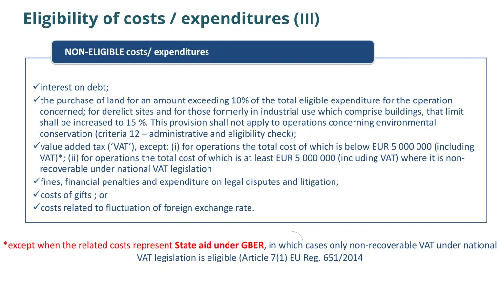 eligibility of costs expenditures iil