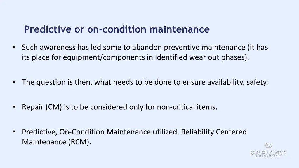 predictive or on condition maintenance