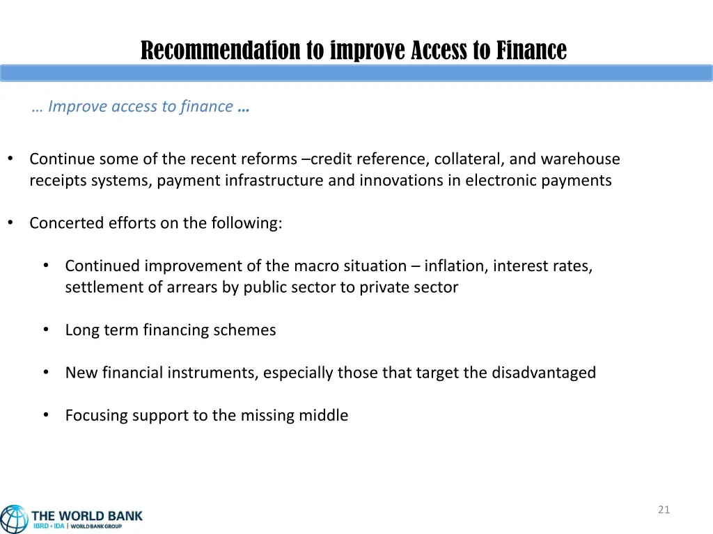 recommendation to improve access to finance