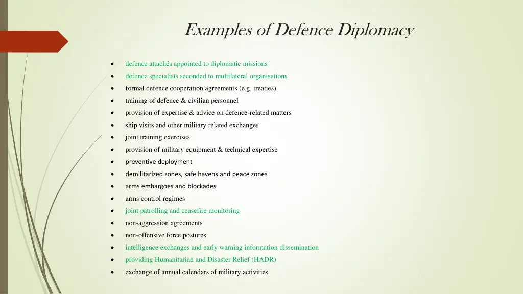 examples of defence diplomacy