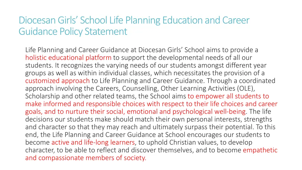 diocesan girls school life planning education