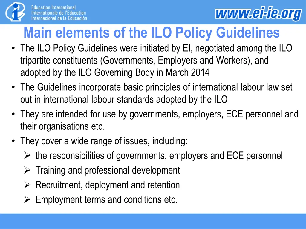 main elements of the ilo policy guidelines