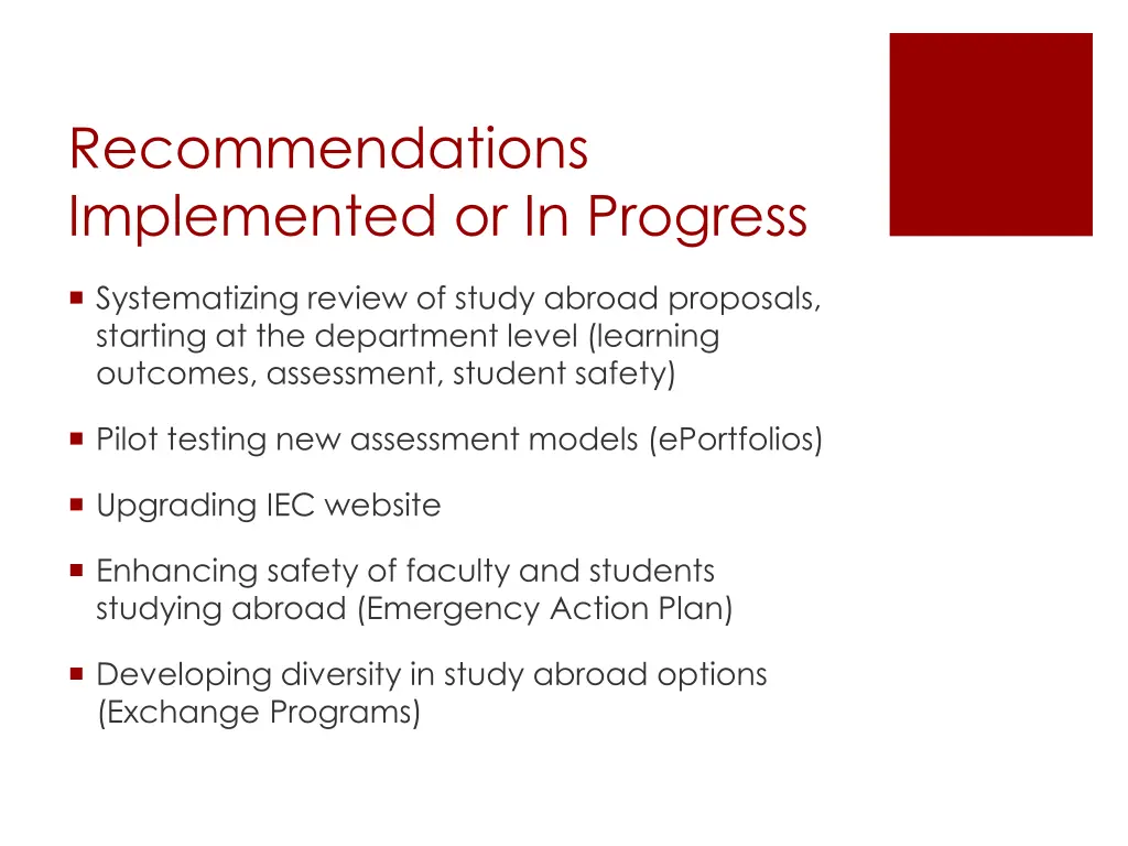 recommendations implemented or in progress 1