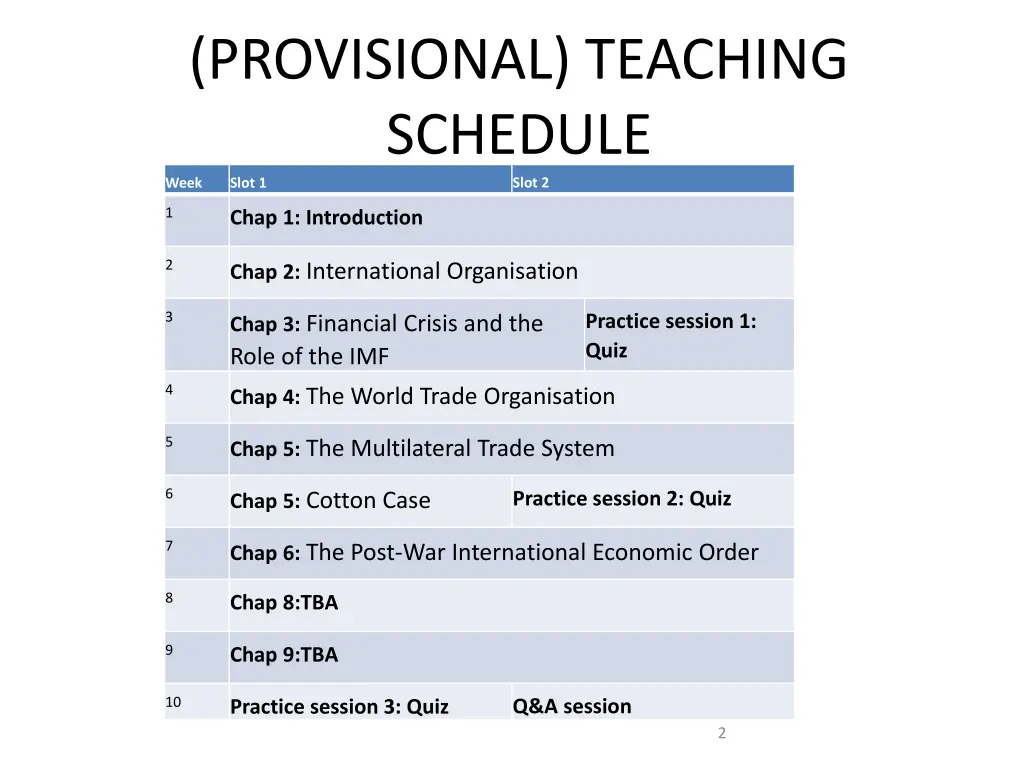 provisional teaching schedule week slot 1