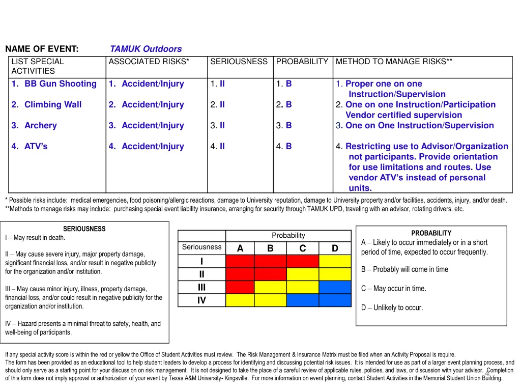 tamuk outdoors associated risks