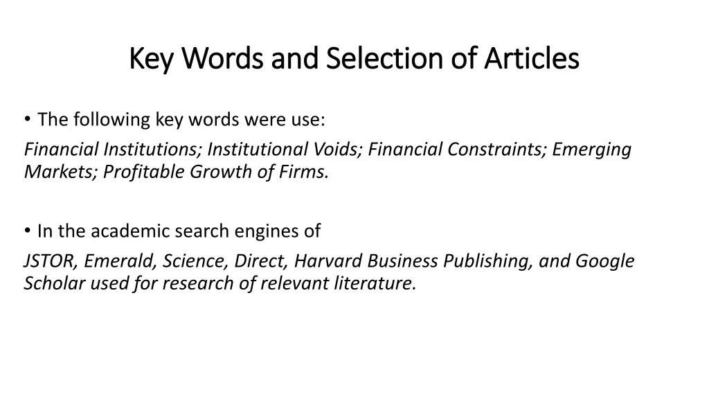 key words and selection of articles key words