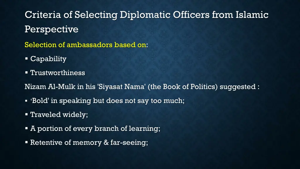 criteria of selecting diplomatic officers from