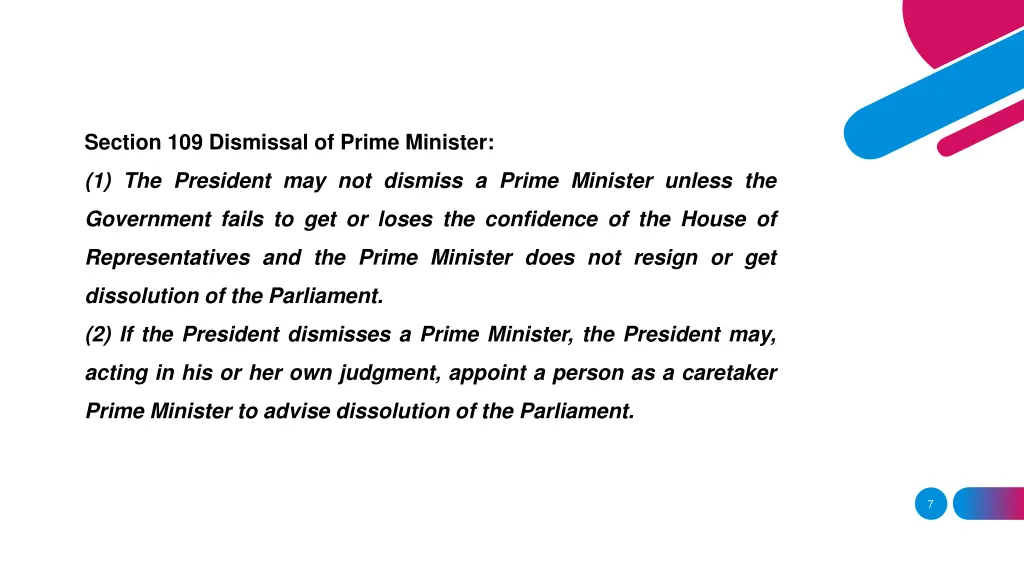 section 109 dismissal of prime minister