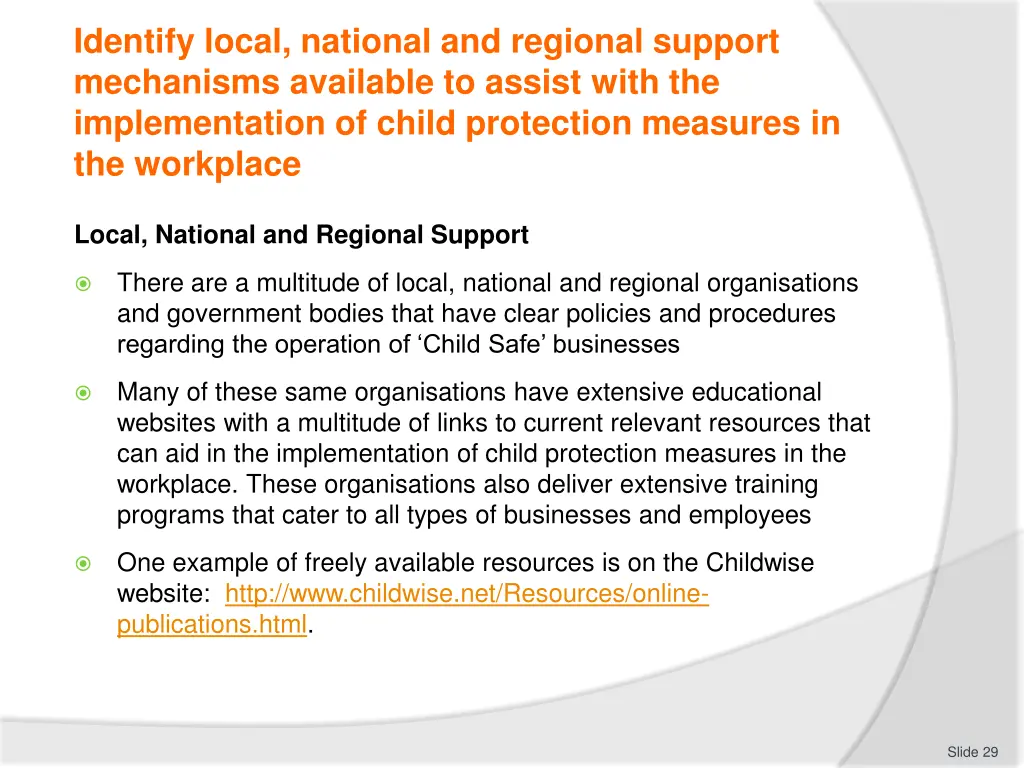 identify local national and regional support