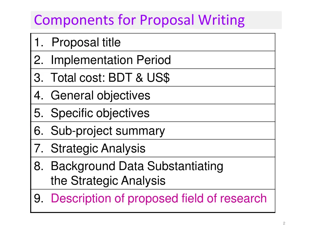 components for proposal writing