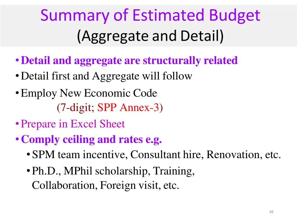 summary of estimated budget aggregate and detail
