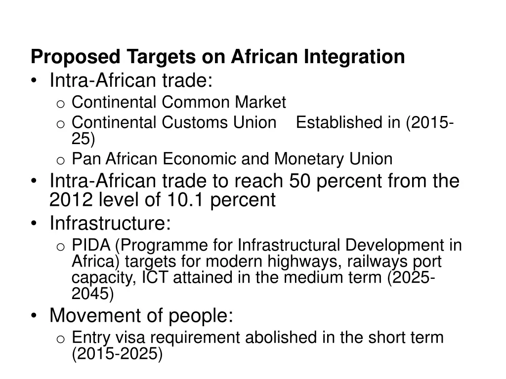proposed targets on african integration intra